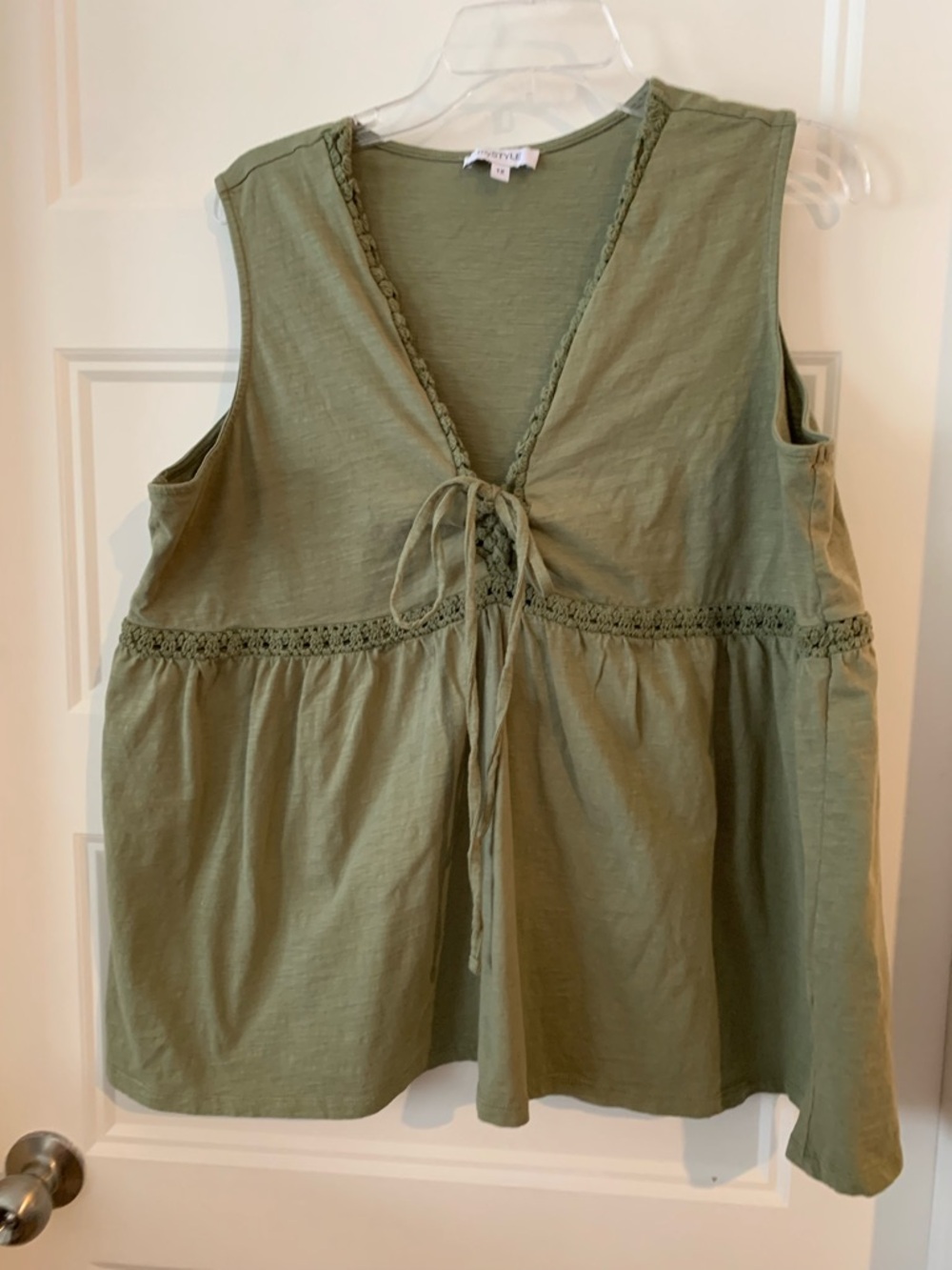 My Style , women's all cotton no sleeves Olive Lace-Trim Tie-Front top